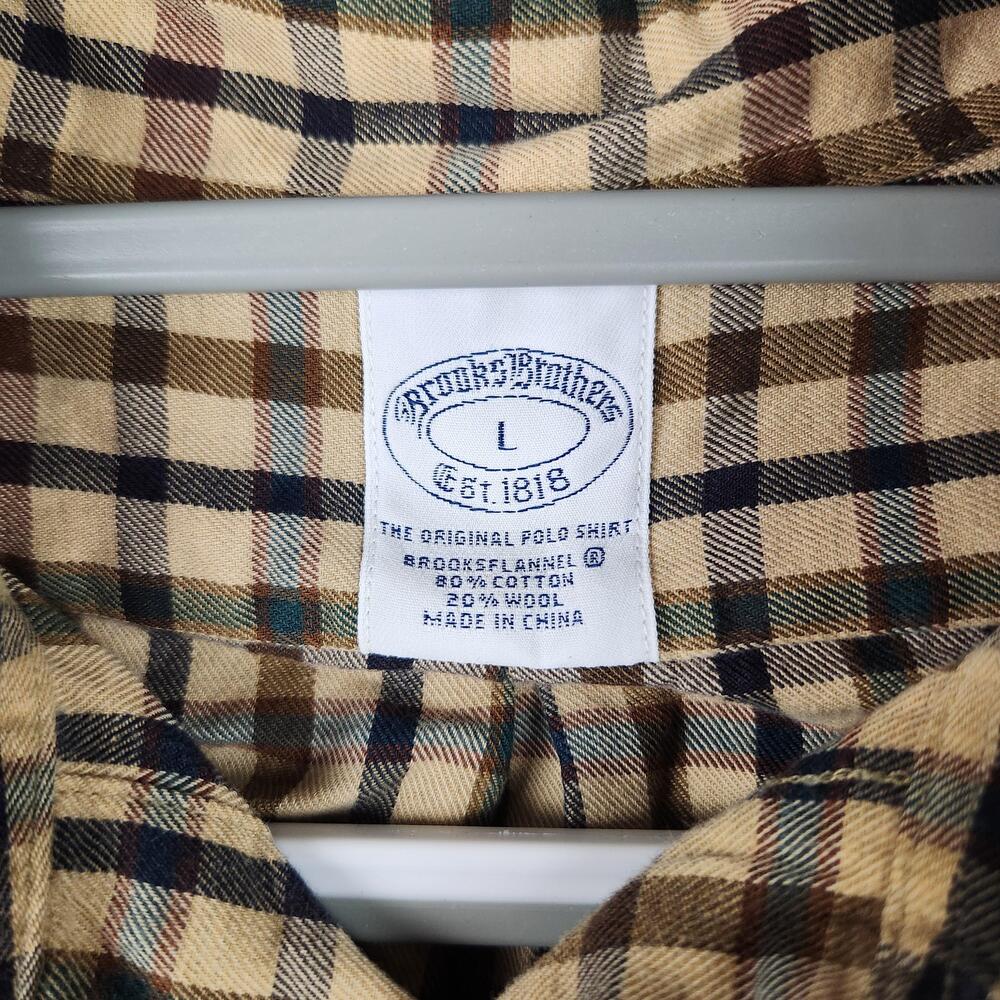 Brooks Brothers Flannel Shirt Mens Large Beige Brown Plaid Cotton Wool Button